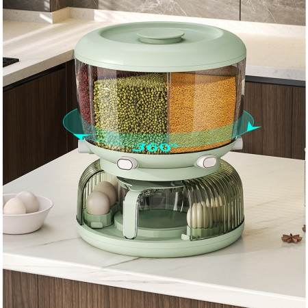 Dozator Etajat de Cereale Flippy, Rotativ 360, 6 Compartimente, Capacitate 10L, Cofraj Special pentru Oua, Vas pentru Scurgerea Cerealelor, 35x27.5 cm, Verde