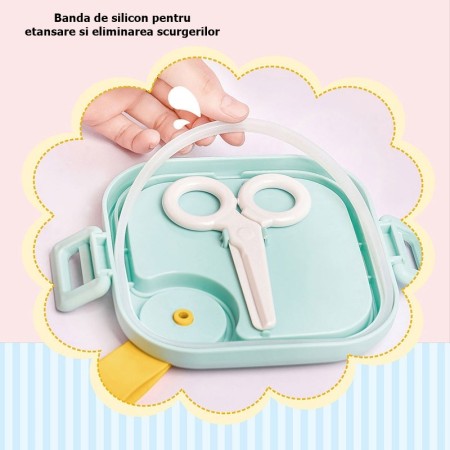 Caserola pentru copii Flippy, lunch box, 750 ml, doua boluri, lingura, foarfeca din plastic, rezistenta la scurgeri, Roz