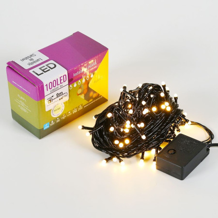 Instalatie de Craciun Flippy® Tip Liniara, Fir Negru,  9 m, 100 LED-uri Mici Rotunde, Interconectabila, Alb Cald