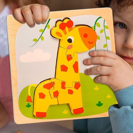 Puzzle Montessori din Lemn pentru Copii, Flippy, 3D, 0-3 Ani, Model Girafa, Educativ, Intuitiv, Creativ, 4 Piese, 15x15x0.5 cm, Multicolor