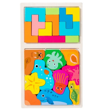 Puzzle Montessori din Lemn pentru Copii, Flippy, Tip Tetris 2in1 +3 Ani, cu Animale Marine Colorate 3D, Educativ, Intuitiv, Creativ, 21 de Piese, 28.5x17x1.2 cm, Multicolor