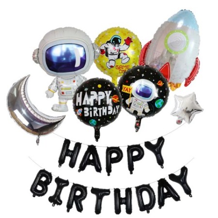 Set baloane aniversare 8 piese, temtica astronaut, 1 luna, 1 stea, 1 racheta, 1 astronaut, 3 baloane folie, 1 set Happy Birthday