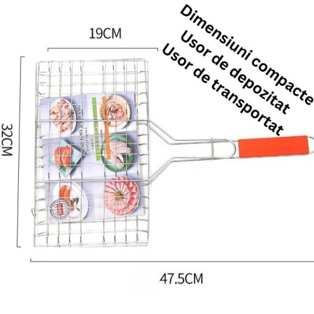 Gratar pentru Peste si Carne, Flippy, Suprafata Utila 32x19 cm, Otel Inoxidabil, cu Maner, Portabil, Argintiu