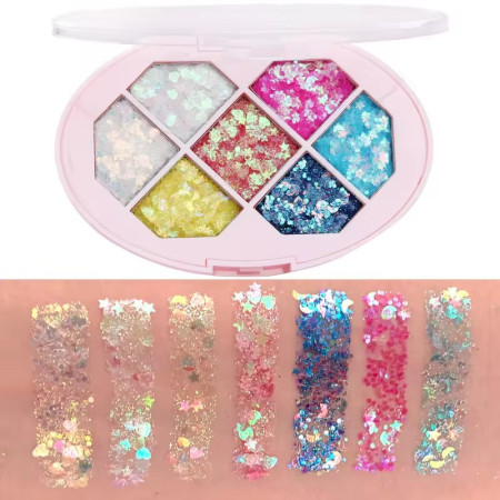 Paleta cu Glitter, Flippy, Varianta 1, 7 Nuante, Pentru Corp si Par, 50 g, Rezistent la Apa, 9.8 x 6.8 cm, Multicolor