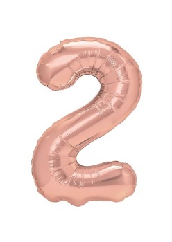 Balon din Folie Metalizata Flippy, Figurina Cifra, Tema Aniversare 40 cm, Ambalaj Individual, Pai inclus, Umflare cu Aer sau Heliu, Rose Gold, Cifra 2