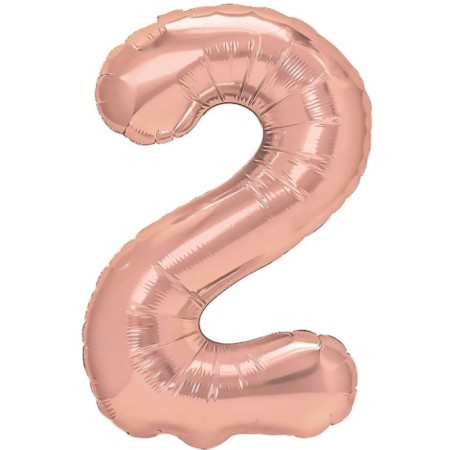 Balon din Folie Metalizata Flippy, Figurina Cifra, Tema Aniversare 40 cm, Ambalaj Individual, Pai inclus, Umflare cu Aer sau Heliu, Rose Gold, Cifra 2