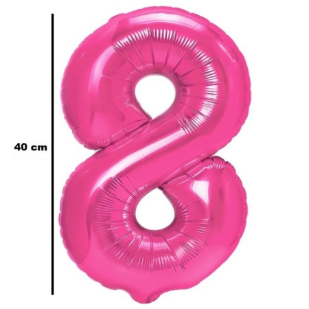 Balon din Folie Metalizata Flippy, Figurina Cifra, Tema Aniversare 40 cm, Ambalaj Individual, Pai inclus, Umflare cu Aer sau Heliu, Roz, Cifra 8