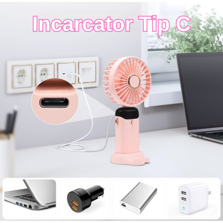 Ventilator Ultra Portabil cu Aromaterapie, Flippy, 3 in 1, de Mana, de Birou, de Gat, 5 Trepte de Viteza, Incarcare USB, Autonomie 12h, Pliabil, cu Ecran LCD, Roz