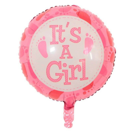 Balon din Folie Metalizata, Flippy, Figurina Rotunda, Model It's a Girl, Tema Gender Reveal, 45 cm, Ambalaj Individual, Pai Inclus, Umflare cu Aer sau Heliu, Roz