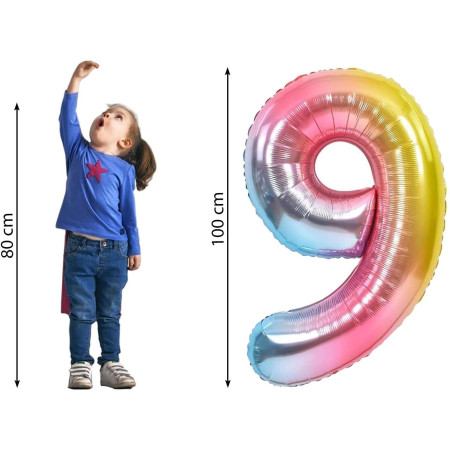 Balon din Folie Metalizata Gradient Flippy, Figurina Cifra, Tema Aniversare 100 cm, Ambalaj Individual, Pai inclus, Umflare cu Aer sau Heliu, Multicolor, Cifra 9