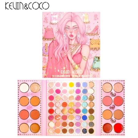 Paleta de farduri Kevin&Coco, 72 de culori, stil pliabil, conturing, iluminator, blush incluse, dreptunghiulara, 22 x 24.5 cm, 490 g, multicolor