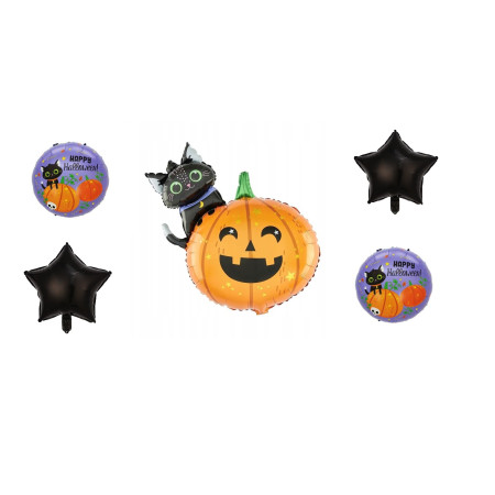 Set 5 Baloane din Folie Metalizata, Flippy, Figurine, Tema Halloween, Pai Inclus, Ambalaj Individual, Umflare cu Aer sau Heliu, Figurina Dovleac si Pisica 84x69 cm, Stelute si Cerculete 45 cm, Multicolor