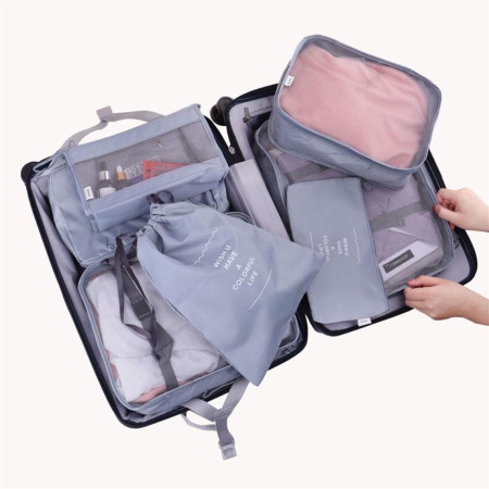 Set 8 huse organizare bagaj Flippy, material poliester, impermeabil, cu fermoar, pentru calatorii sau dulap, sac pentru pantofi inclus, pliabil, gri