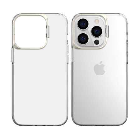 Husa de protectie pentru iPhone 14, cu suport metalic pentru camera, Bracket Series, Flippy, Protectie Antisoc, PC mat, silicon moale pe margini, Transparent