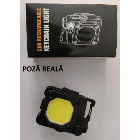 Lanterna Mini de Buzunar Tip Breloc, Flippy, Incarcare prin USB Type C, Multifunctionala, pentru Exterior, Camping, Alpinism, Ciclism, Mini Lanterna Elvis, 6.1 x 5 x 2.5 cm, Lumina Puternica, Culoare Negru