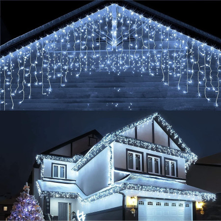 Instalatie Craciun Yoto, Tip Franjuri/Turturi, 12 m, 300 LED-uri, Prelungitor 1.5 m, 8 Jocuri de Lumini, Interconectabila, Conectare la Retea, Fir transparent, Interior/Exterior, Alb Rece