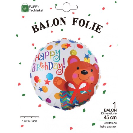 Balon din Folie Metalizata, Flippy, Mini Figurina Rotunda, Model Happy Birthday Ursulet, Tema Aniversare, 45 cm, Ambalaj Individual, Pai inclus, Umflare cu Aer sau Heliu, Maro