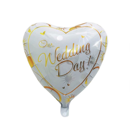 Balon din Folie Metalizata, Flippy, Figurina Inima, Model Our Wedding Day, Tema Nunta, 45 cm, Ambalaj Individual, Pai Inclus, Umflare cu Aer sau Heliu, Alb/Auriu