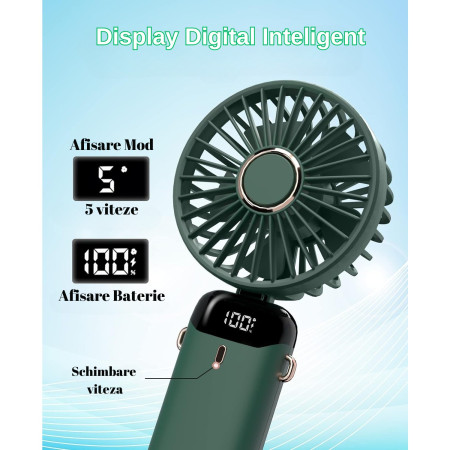 Ventilator Ultra Portabil cu Aromaterapie, Flippy, 3 in 1, de Mana, de Birou, de Gat, 5 Trepte de Viteza, Incarcare USB, Autonomie 12h, Pliabil, cu Ecran LCD, Verde