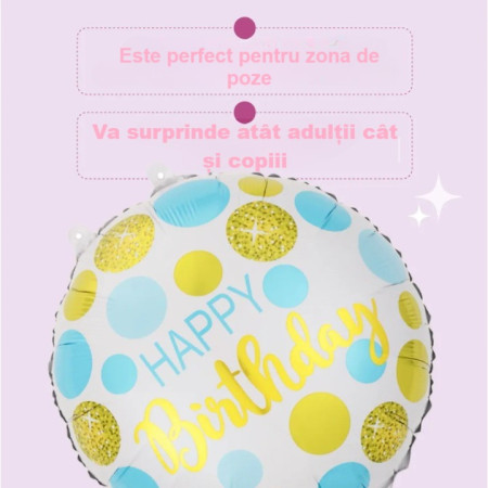 Balon din Folie Metalizata, Flippy, Figurine, Model 5, Happy Birthday, Tematica Aniversare, 45 cm, Ambalaj Individual, Pai Inclus, Umflare cu Aer sau Heliu, Multicolor