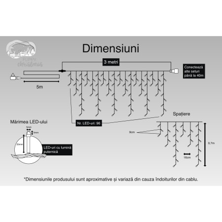 Instalatie Craciun Turturi, IP44, 3 m, 96 Led-uri ,Perdea Franjurata, Alb cald, 8 jocuri de lumini, Transformator 31 V, Putere 9 W, Interconectabila, Interior/Exterior, Prelungitor 5 m inclus, Fir Negru, Flippy