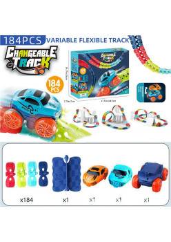 Jucarie de Constructie RollerCoaster, Flippy, 184 de Piese, 44.5x36x7 cm, cu Masini, Multicolor