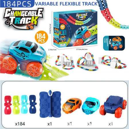 Jucarie de Constructie RollerCoaster, Flippy, 184 de Piese, 44.5x36x7 cm, cu Masini, Multicolor