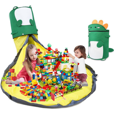 Cutie de Depozitare 2In1, Flippy, Impermeabila, Covor pentru Jucarii si Lego 150cm, Capacitate Mare, cu Manere, cu Sfori, Inaltime 40cm, Model Dinozaur, Verde