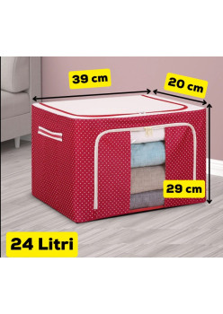 Cutie de Depozitare Pliabila, Flippy, 24 L, Panza Oxford, 40x30x20 cm, Fereastra Frontala, 2 Usi de Acces cu Fermoar Bidirectional, Cadru Metalic, Suport Baza Stabil din Plastic, Imprimeu Buline, Rosu