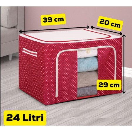 Cutie de Depozitare Pliabila, Flippy, 24 L, Panza Oxford, 40x30x20 cm, Fereastra Frontala, 2 Usi de Acces cu Fermoar Bidirectional, Cadru Metalic, Suport Baza Stabil din Plastic, Imprimeu Buline, Rosu