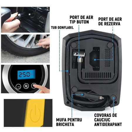 Compresor Auto Portabil cu Lanterna si Afisaj Electornic Flippy, DC 12V, 120W, 35L/min, Cablu de alimentare 3m, Pompa Biciclete, Moto, Mingi, Saltele, Max 10.3bar, lumina LED, Negru