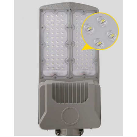 Lampa solara stradala Flippy, pentru curte sau strada, cu trei grile, finisaj mat, rezistent la apa, montare prin fixare, senzor lumina, baterie de litiu, IP65, lumina rece, putere 1000W, autonomie 10 ore, 55 x 23 x 9 cm, gri