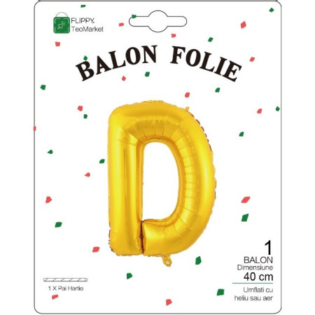 Balon Folie Metalizata Litera D, Flippy, 40 cm, Umflati cu Heliu sau Aer, Ambalaj Individual, Pai inclus, Auriu