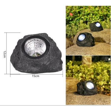 Lampa solara LED decorativa pentru gradina Flippy, imitatie piatra, lumina puternica 4 LED-uri, 12 x 15 cm, material ABS, baterie Ni-MH, 600 mAh, panou solar 2V, lumina alb rece, gri