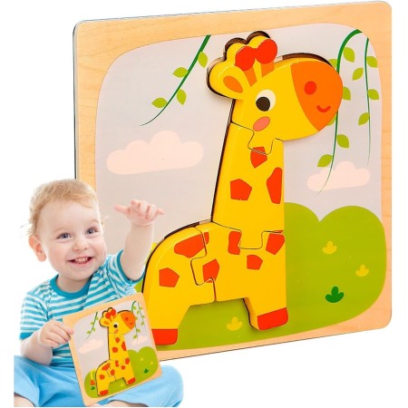 Puzzle Montessori din Lemn pentru Copii, Flippy, 3D, 0-3 Ani, Model Girafa, Educativ, Intuitiv, Creativ, 4 Piese, 15x15x0.5 cm, Multicolor