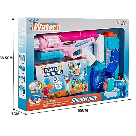 Set 2x Pistol cu Apa pentru Copii, Flippy, 6ani+, cu baloane de apa, Albastru + Roz, 1x 600 ML +  1x 550 ML