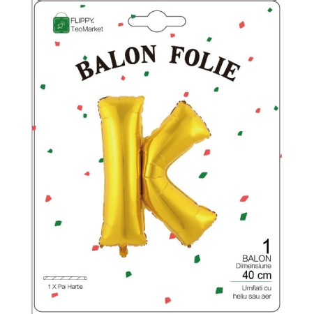 Balon Folie Metalizata Litera K, Flippy, 40 cm, Umflati cu Heliu sau Aer, Ambalaj Individual, Pai inclus, Auriu