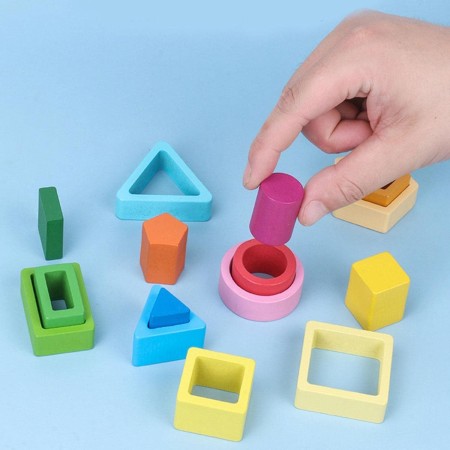 Jucarie Montessori din Lemn, Flippy, Tip Puzzle, cu 5 Forme Asimetrice, 15 Piese, Educativa, Interactiva, Creativa, Model Forme Geometrice, Materiale Non Toxice, pentru Copii peste 2 Ani, Baza 29x6.5 cm, Multicolor