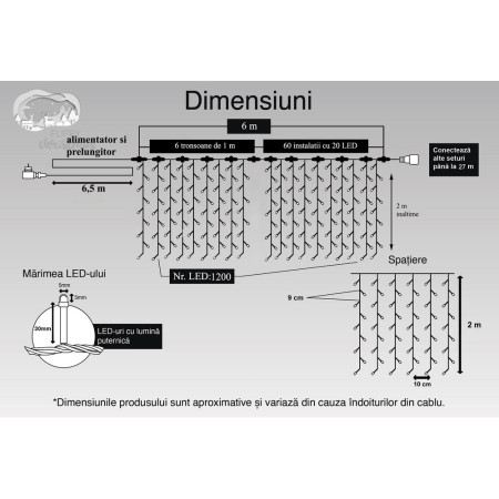 Instalatie Craciun Profesionala de Exterior IP65, Tip Perdea, 6m x 2m, 1200 Led-uri Mari, Alb rece, cu flash, Alimentator si prelungitor 6,5 m, Interconectabila, Fir negru, Flippy