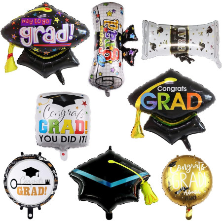 Balon din Folie Metalizata, Flippy, Figurina, Model Toca Congrats Grad, Tematica Absolvire,  66x66 cm, Ambalaj Individual, Pai Inclus, Umflare cu Aer sau Heliu, Negru