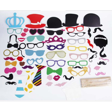 Set 60 de Accesorii pentru Petrecere, Flippy, Props pentru Coltul de Poze, Ochelari, Palarii, Mustata, Cravata, pentru Evenimente, Multicolor