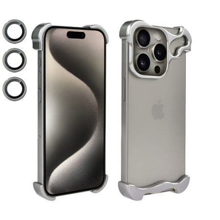 Husa Metalica Compatibila cu iPhone 15 Pro, Protectie pentru Colturile Telefonului si Camera, Lentile pentru Obiective, Aliaj, Antisoc, Antizgariere, Argintiu