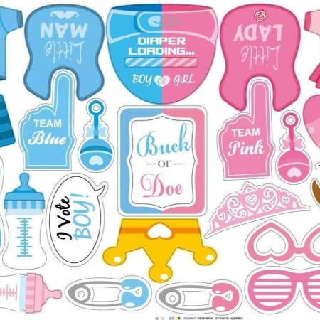 Set 43 de Accesorii pentru Petrecere, Flippy, Props pentru Coltul de Poze, Gender Reveal, Tematica Baby Shower, Albastru-Roz