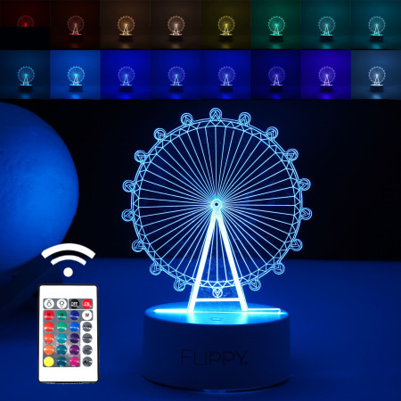 Lampa LED decorativa, Flippy, 3D, Roata Panoramica, cu telecomanda, doua moduri de alimentare USB si baterii, 20 cm inaltime, din material acril si lumina multicolora, alb