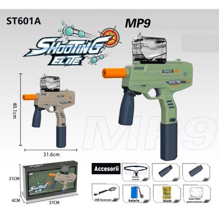 Mitraliera de jucarie electrica Flippy cu bile de hidrogen de gel, gun bluster, tragere in rafala, varsta peste 6 ani, ochelari de protectie,  5000 de bile incluse, cablu de incarcare, 40.1 x 31.6 cm, Mp9, crem