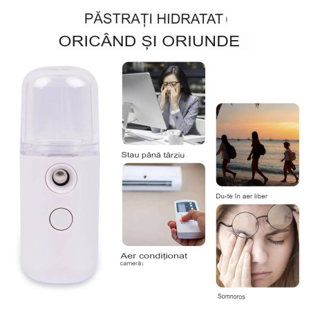 Spray de Hidratare Facială cu Tehnologie Nano, Flippy, Hidratare, Igienizare, Abur Rece, Încărcare USB, Capacitate 30 mL, 10cm, Alb