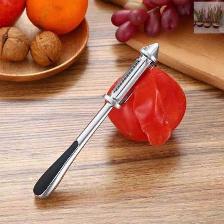 Peeler 2in1 pentru Legume si Fructe, Flippy, Multifunctional, cu 2 Lame de Curatati si Feliat, Varf Ascutit pentru Gaurit, 18 cm, din Otel Inoxidabil, Argintiu/Negru