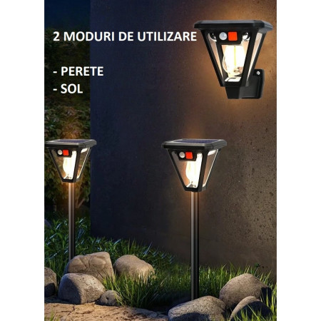 Lampa Solara LED, Flippy, Tip Felinar, pentru Perete/Sol, 10.8 x 12.3 x 46 cm, 3 Moduri, Lumina Calda, din ABS si PP, Negru