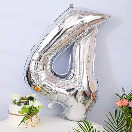 Balon din Folie Flippy, Cifra 4, 81 cm, Pentru Aer sau Heliu, Bulk, Argintiu