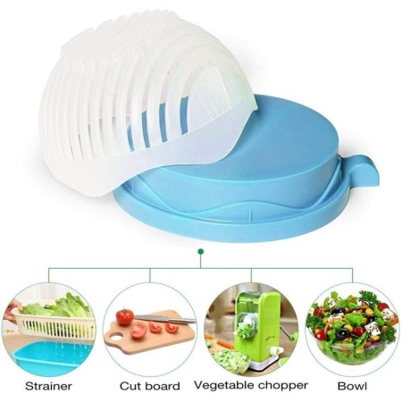 Bol Feliator pentru Salata, Flippy, Castron Multifunctional pentru Legume si Fructe, pentru Spalat si Taiat Legumele, cu Scurgere si Tocator, Ergonomic, Protectie pentru Maini, 21x18.5x11.5 cm, Albastru